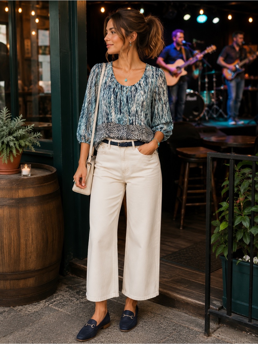 a.n.a Semi Sheer Mixed Print Tunic Blouse | Key Hole Back with Tie | 3/4 Sleeves